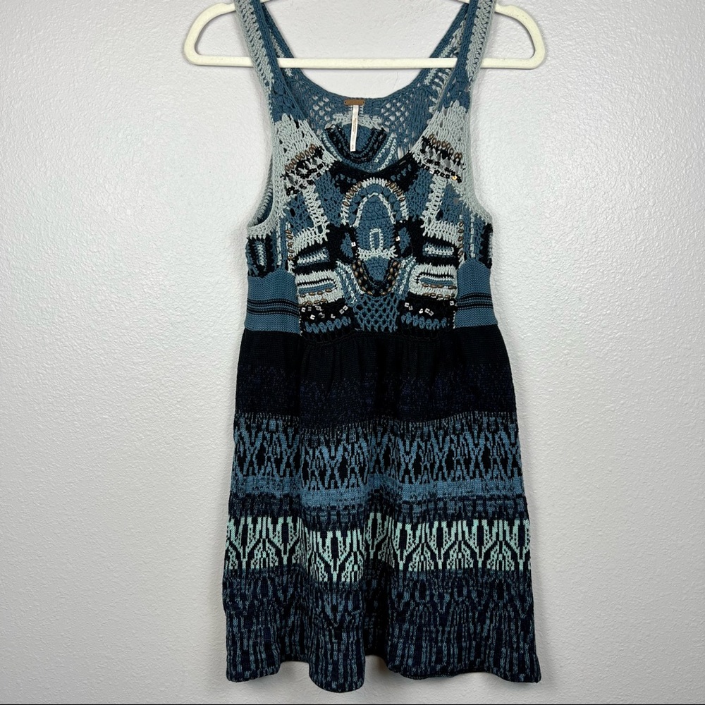 Free People Blue and Black Crochet Knit Tank Dress